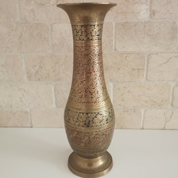 Vintage Etched Brass Vase 12" Indian Handpainted Blue Red Accents Floral Vines - Picture 1 of 10